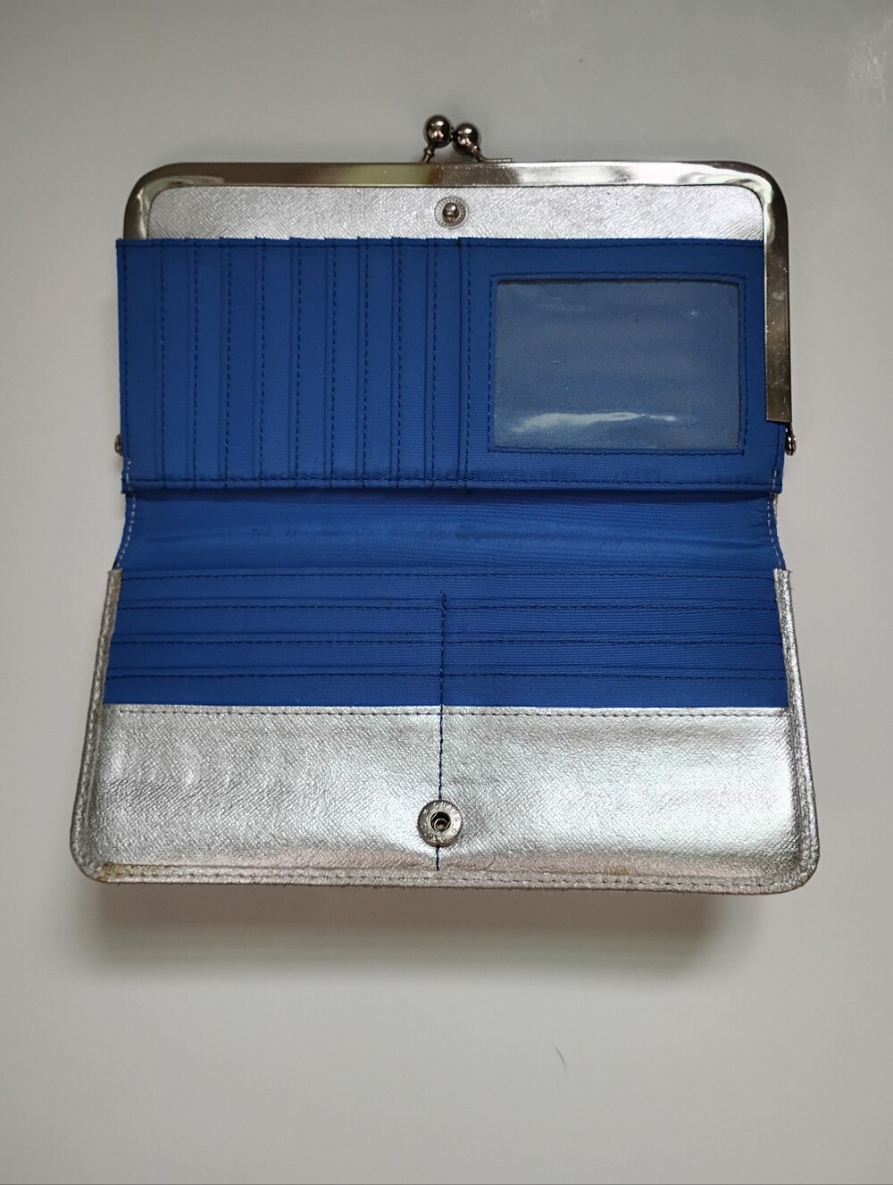 Genuine Pebbled Leather Silver Wallet Royal Blue Classic Kiss Clasp - Picture 3 of 9